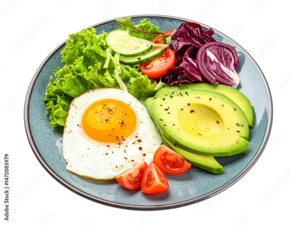 Healthy breakfast plate with fried egg avocado salad and tomato isolated object