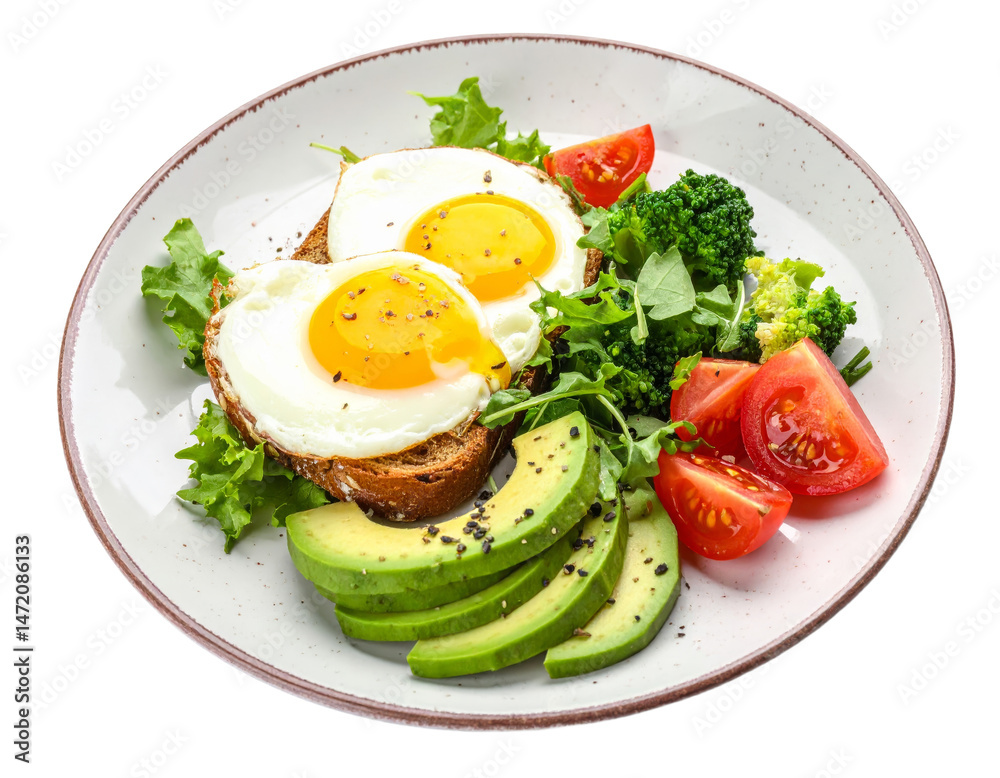 Healthy breakfast toast with fried eggs avocado tomato and broccoli isolated on background