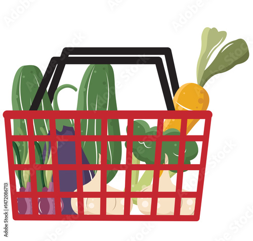 Flat Design Illustration of Fresh Vegetables in a Red Shopping Basket