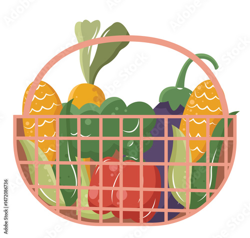 Flat Vector Illustration of a Basket Filled with Fresh Vegetables
