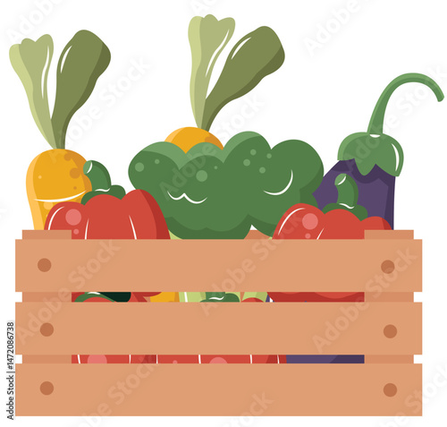 Flat Design Illustration of Fresh Vegetables in a Wooden Basket