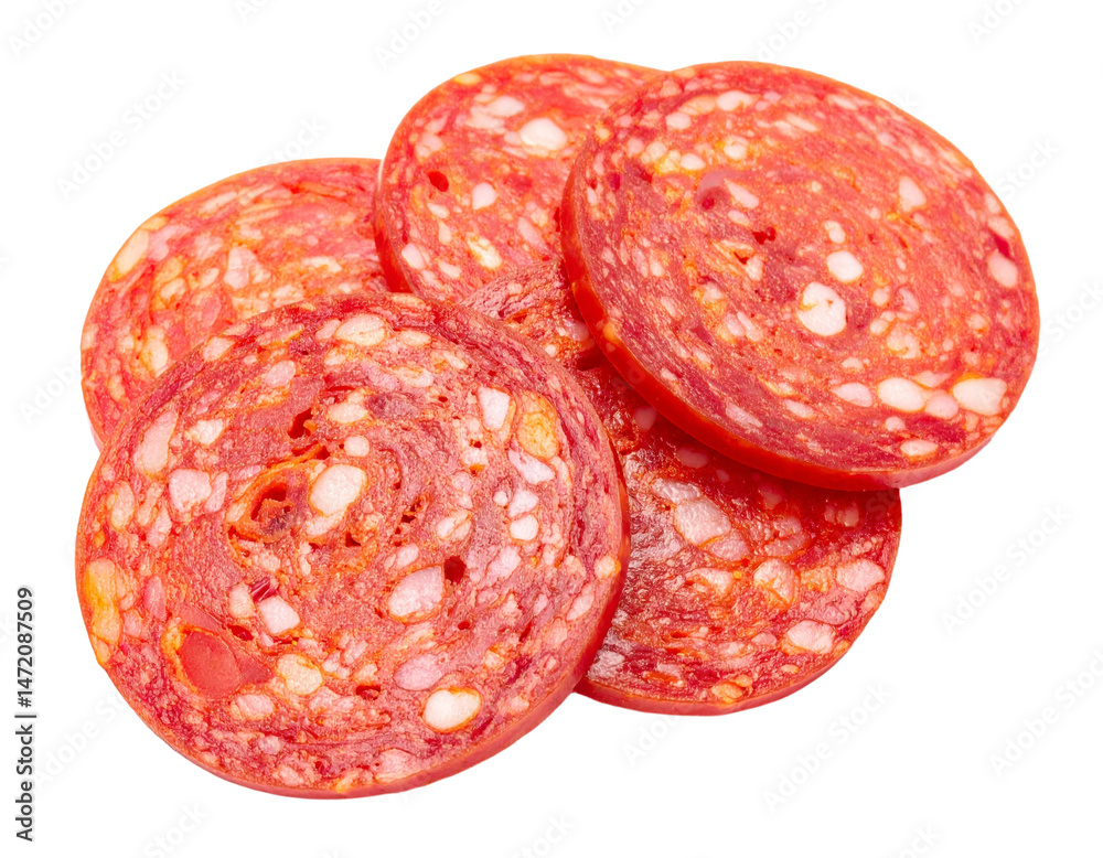 Isolated Salami Slices Stacked Close Up Round Pepperoni Sausage Meat Food on Transparent Background