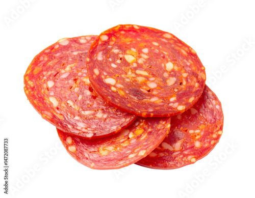 Obraz na płótnie Salami slices isolated pepperoni sausage meat food transparent background png cutout w salonie