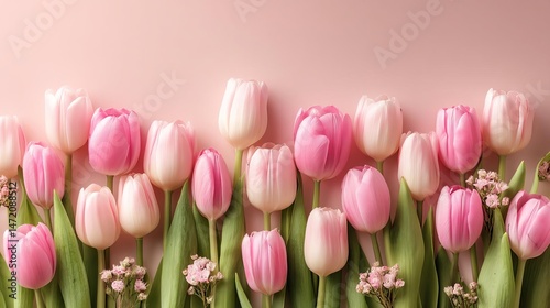 Soft pink tulips blooming under gentle light. Happy Mother’s Day Floral Greeting Card