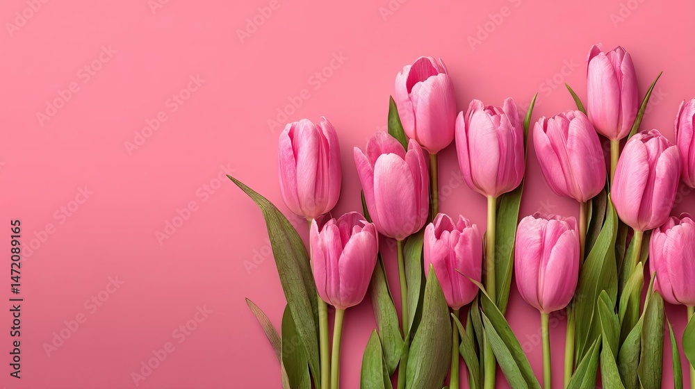 Fototapeta premium Vibrant pink tulips on a pink background. Happy Mother’s Day Floral Greeting Card