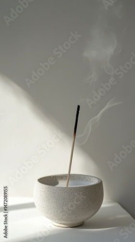 Serene Incense Stick in Simple Bowl with Gentle Smoke Trails