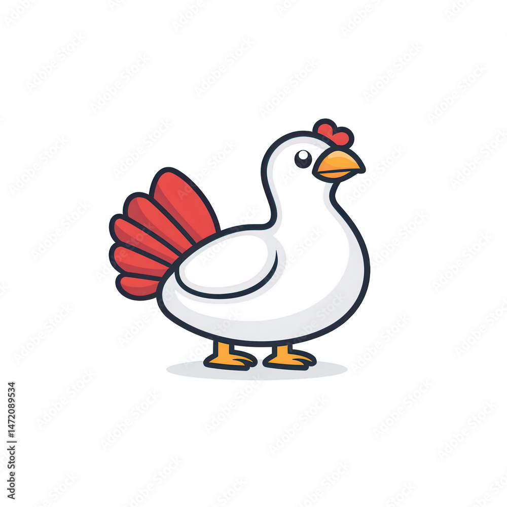 Fototapeta premium A colorful cartoon illustration of a goose with a vibrant red tail and a cheerful expression, set against a plain white background, suitable for various design projects.