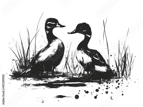 Two elegant ducks face each other amidst stylized reeds and water in a striking black and white ink illustration.
