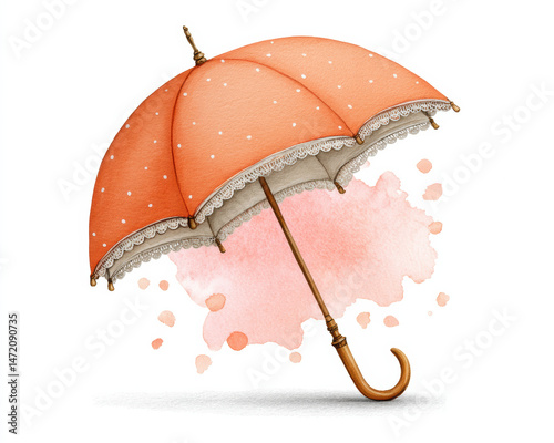 Watercolor illustration of vintage umbrella with orange polka dots and lace trim, evoking charming and delicate feel