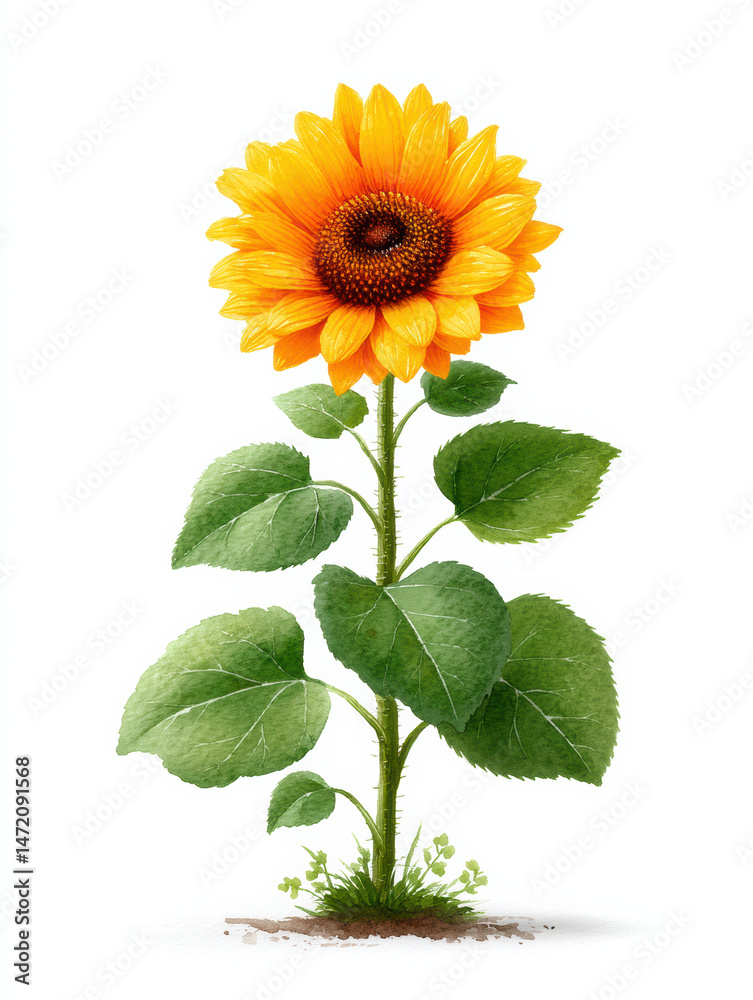 Obraz premium Bright yellow sunflower with green leaves growing from soil, showing natural beauty and vibrant colors in detailed illustration