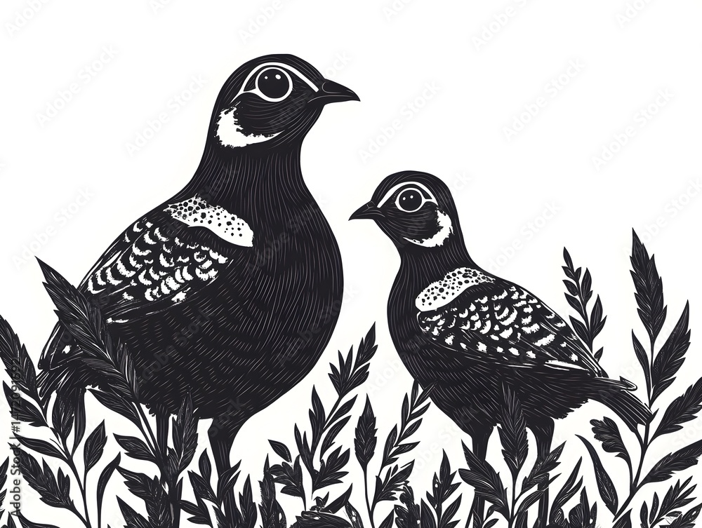 Fototapeta A pair of elegant black and white partridges led amongst stylized foliage creates a striking linocut illustration.