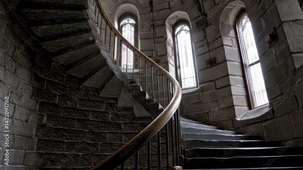 Fototapeta premium Gothic stone spiral staircase with intricate carvings and dramatic lighting in historic architectural setting.