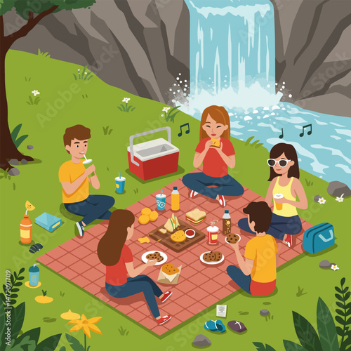 People Enjoying Picnic Near Waterfall Cartoon Illustration on a Blanket