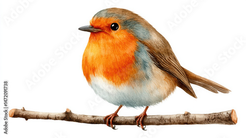 Detailed watercolor illustration of small robin bird with bright orange chest perched on branch, charming and vivid