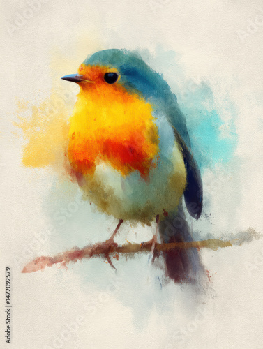 Vibrant watercolor illustration of small bird with orange, blue, and yellow feathers perched on branch, softly blending colors