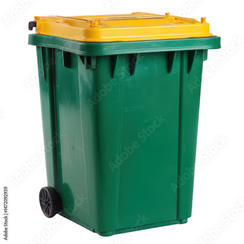 A green waste bin with a yellow lid featuring wheels for ease of mobility, standing alone against a neutral backdrop, representing waste management and recycling efforts.