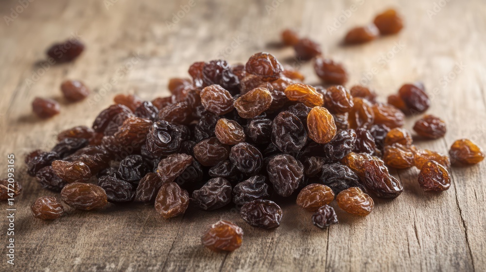 Obraz premium Close up view of dried raisins on a wooden surface