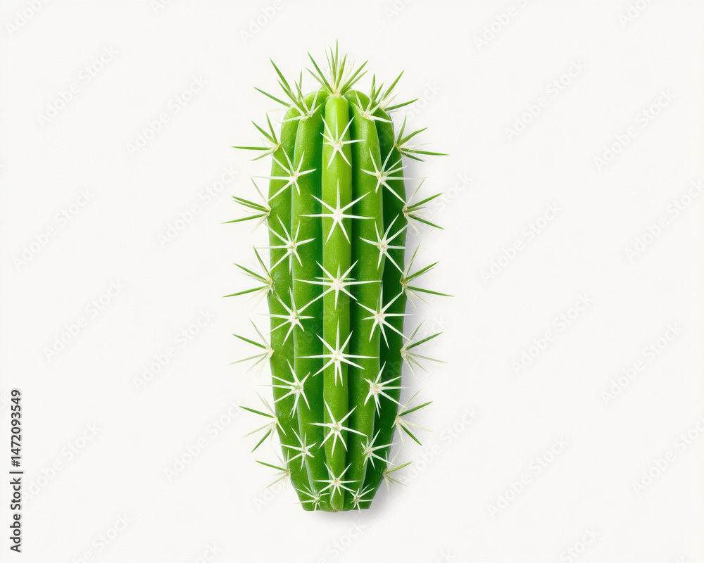 Fototapeta premium High detail green cactus stem with sharp white spines isolated clean white background, showing natural texture and vibrant