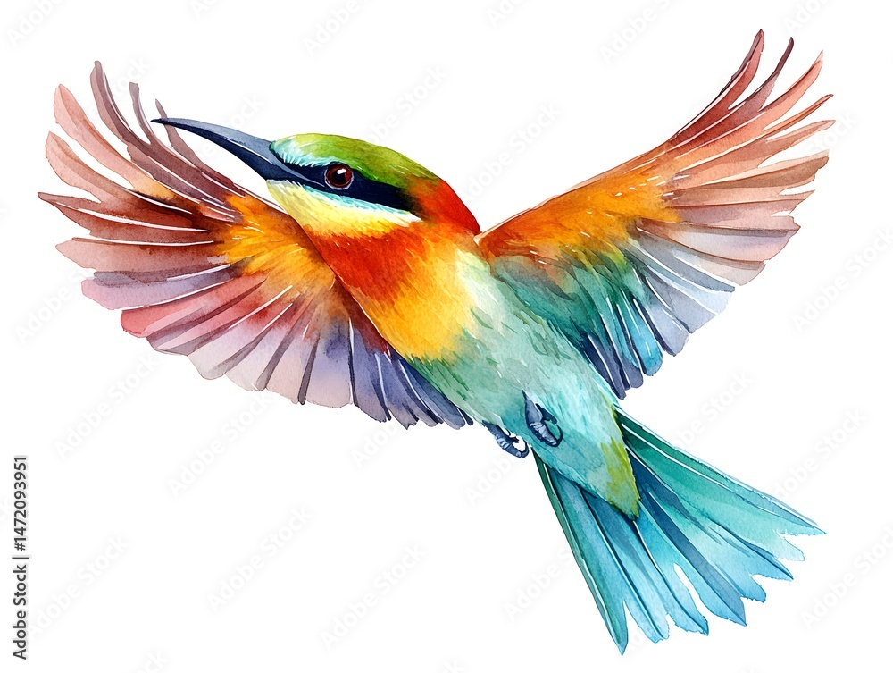 Fototapeta premium A vibrant watercolor painting depicts a colorful bee-eater bird in flight with wings outstretched against a white background.