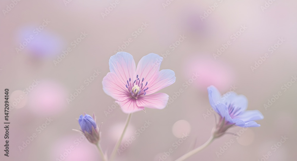 Fototapeta premium Delicate wildflower close-up with pastel color tones and empty space