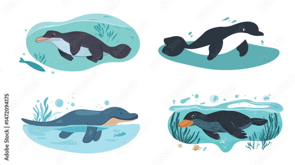 Fototapeta premium Giant platypus swimming in the ocean, stylized vector graphic design showing a large unique aquatic mammal with bill and webbed feet, set against blue water background