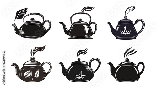 Linocut silhouette of a kettle boiling with crisp steam rising, black and white vector design capturing vintage style, kitchen utensil, hot water, and cozy atmosphere concept