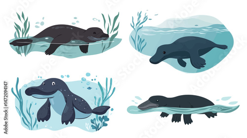 Giant platypus swimming in the ocean, stylized vector graphic design showing a large unique aquatic mammal with bill and webbed feet, set against blue water background