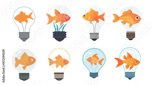 A creative goldfish swimming inside a clear light bulb on a white background, symbolizing imagination, innovation, ideas, and delicate balance between nature and technology in modern design
