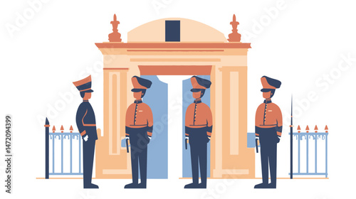 Frustrated palace guards returning after a long duty shift, wearing traditional uniforms and helmets, showing tired and annoyed expressions, set against a historic royal palace background