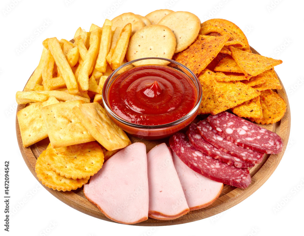 Delicious snack plate with salami ham crackers and ketchup for party and unhealthy eating