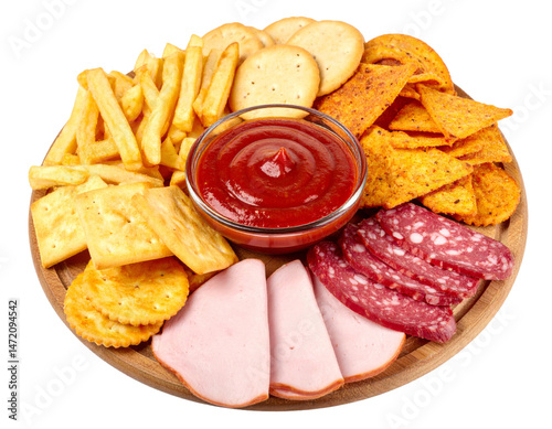 Obraz na płótnie Delicious snack plate with salami ham crackers and ketchup for party and unhealthy eating w salonie
