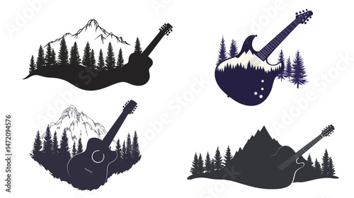 A unique silhouette of a guitar-shaped mountain covered with dense trees, blending natural landscape with musical instrument shape, symbolizing harmony between nature and music in an artistic style