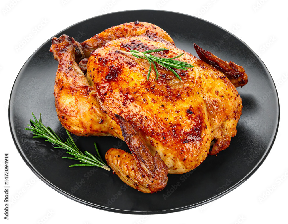 Delicious roasted chicken isolated for holiday dinner gourmet culinary meal