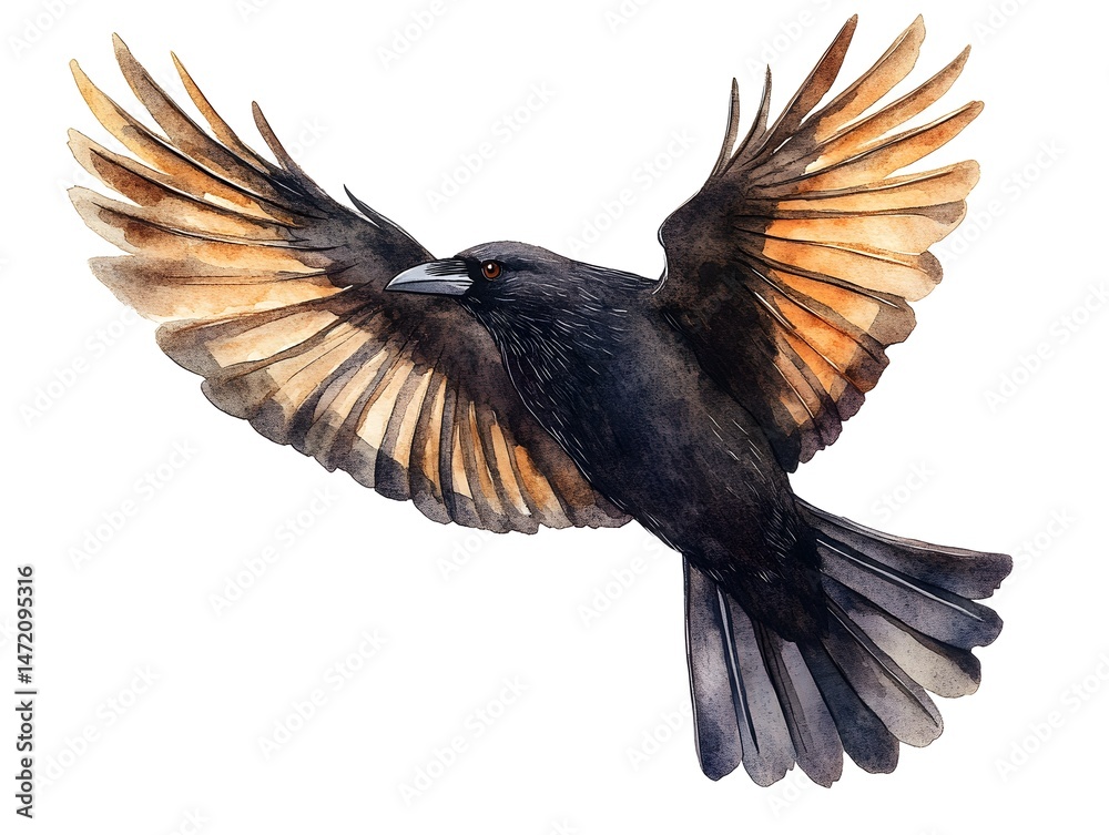Fototapeta premium A majestic black bird with orange-brown wings soars gracefully in mid-flight against a pristine white background.