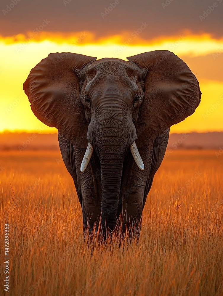 Obraz premium 2. A lone majestic elephant wanders across the arid savanna, its massive frame silhouetted against the vibrant hues of a setting sun. Dust billows around its feet as it trudges through the golden