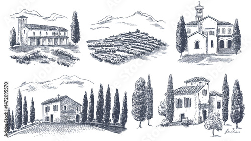 Italian Landscape Set – Hand Drawn Vector Doodle Style