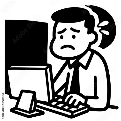 Stressed businessman working on computer, feeling overwhelmed and frustrated.  Black and white vector illustration.
