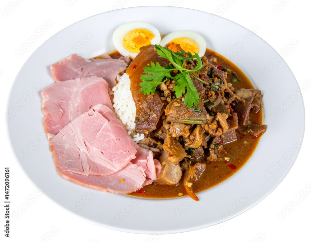 Delicious Khao Kha Moo Thai Pork Knuckle Rice Dish with Boiled Egg Isolated