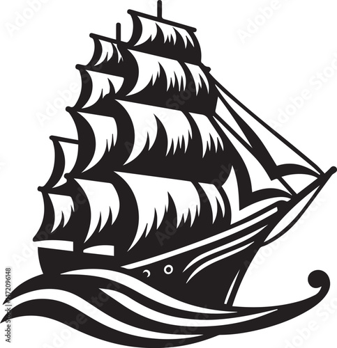 Vintage Black Silhouette of a Sailing Ship with Full Sails