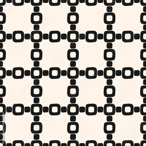 Vector abstract grid seamless pattern. Black and white geometric texture with rounded shapes, curved lines, square mesh, lattice, chains. Simple ornamental background. Monochrome repeating design