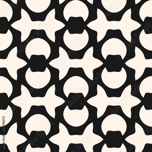 Abstract monochrome vector geometric seamless pattern. Stylish black and white background with quirky shapes, curved lines, grid. Modern ornament texture. Funky repeated geo design for decor, print