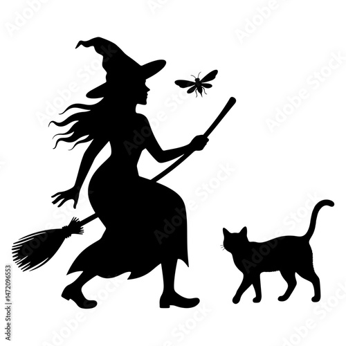 Silhouette of a witch flying on a broomstick with a cat and a insect.