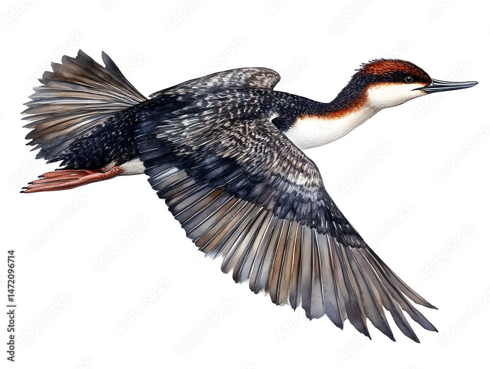 Fototapeta premium A detailed illustration showcases a magnificent red-necked grebe in graceful flight against a pristine white background.