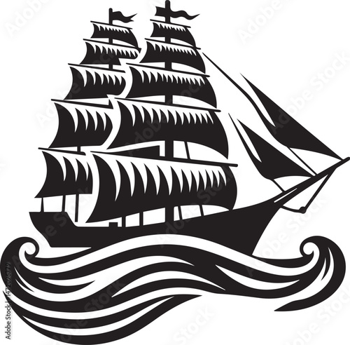 Vintage Black Silhouette of a Sailing Ship with Full Sails