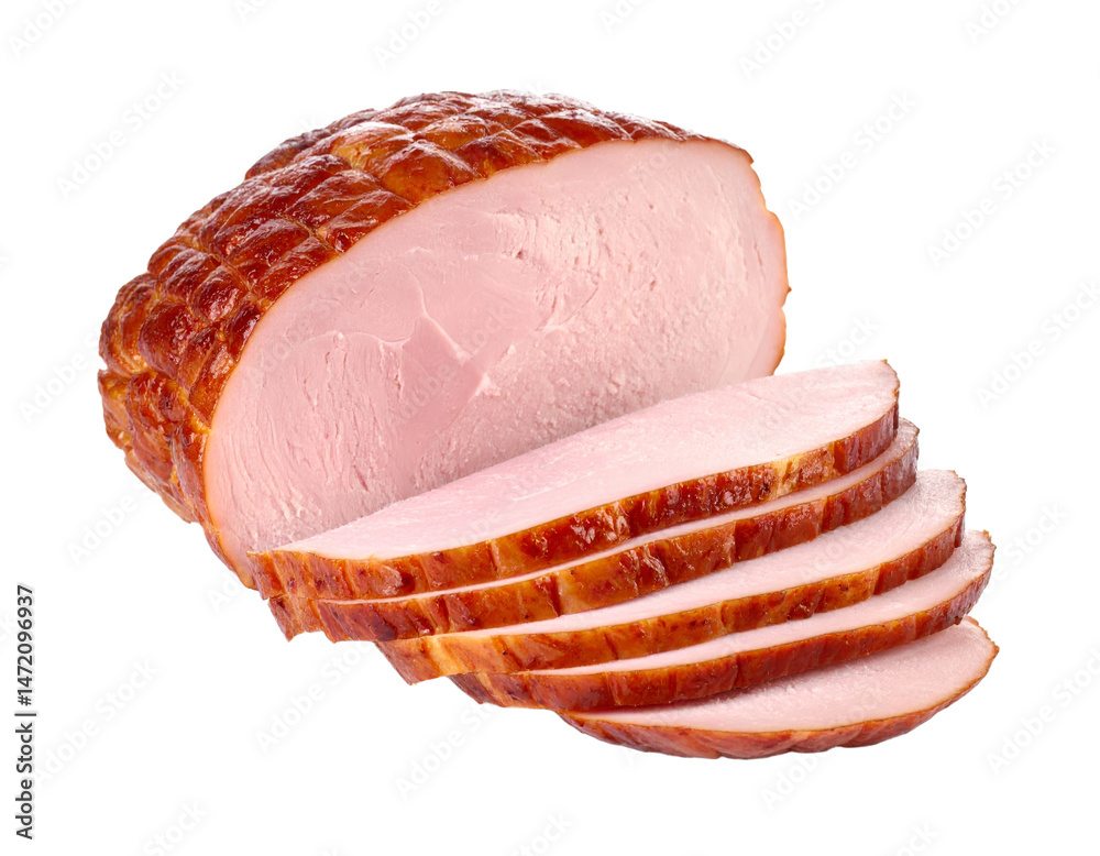 Sliced Ham Isolated Delicious Pork Meat Food Transparent Background PNG Cutout Object Element