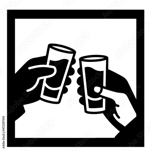Two hands clinking shot glasses filled with a dark liquid, vector art in black and white, bold style.