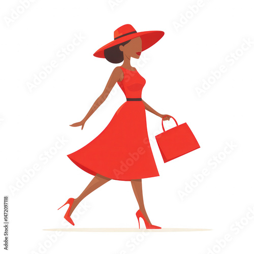 A stylish woman in a red dress and hat walking confidently, holding a handbag, representing fashion and elegance.