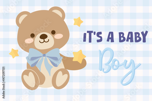Cute baby shower invitation card for baby and kids newborn celebration. Its a boy card with plush toy cute teddy bear vector flat illustration.