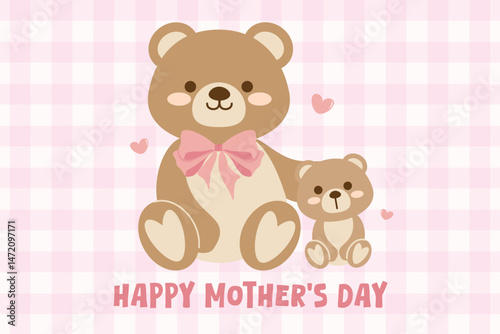 Mothers Day concept. Bear Mom and Baby Cub showing love cuddle heartwarming adorable vector flat illustration.