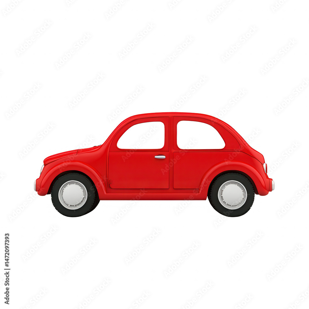 Fototapeta premium A toy red car with a simple design, centered on a white isolated background, showcasing its playful features and bright color.